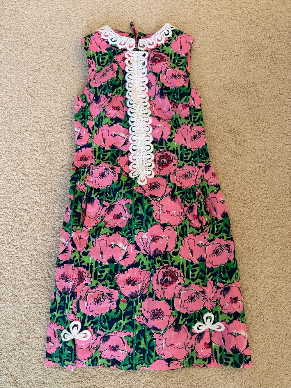 Lilly Pulitzer Pink Floral Sleeveless Dress with White Lace Trim—00